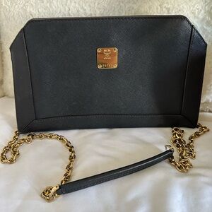 MCM Black Leather Chain Crossbody Clutch with Gold Plaque